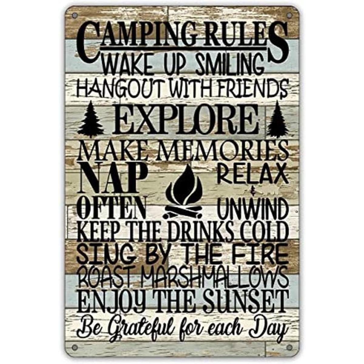 QIONGQI Funny Camping Rules Metal Tin Sign Decoración de