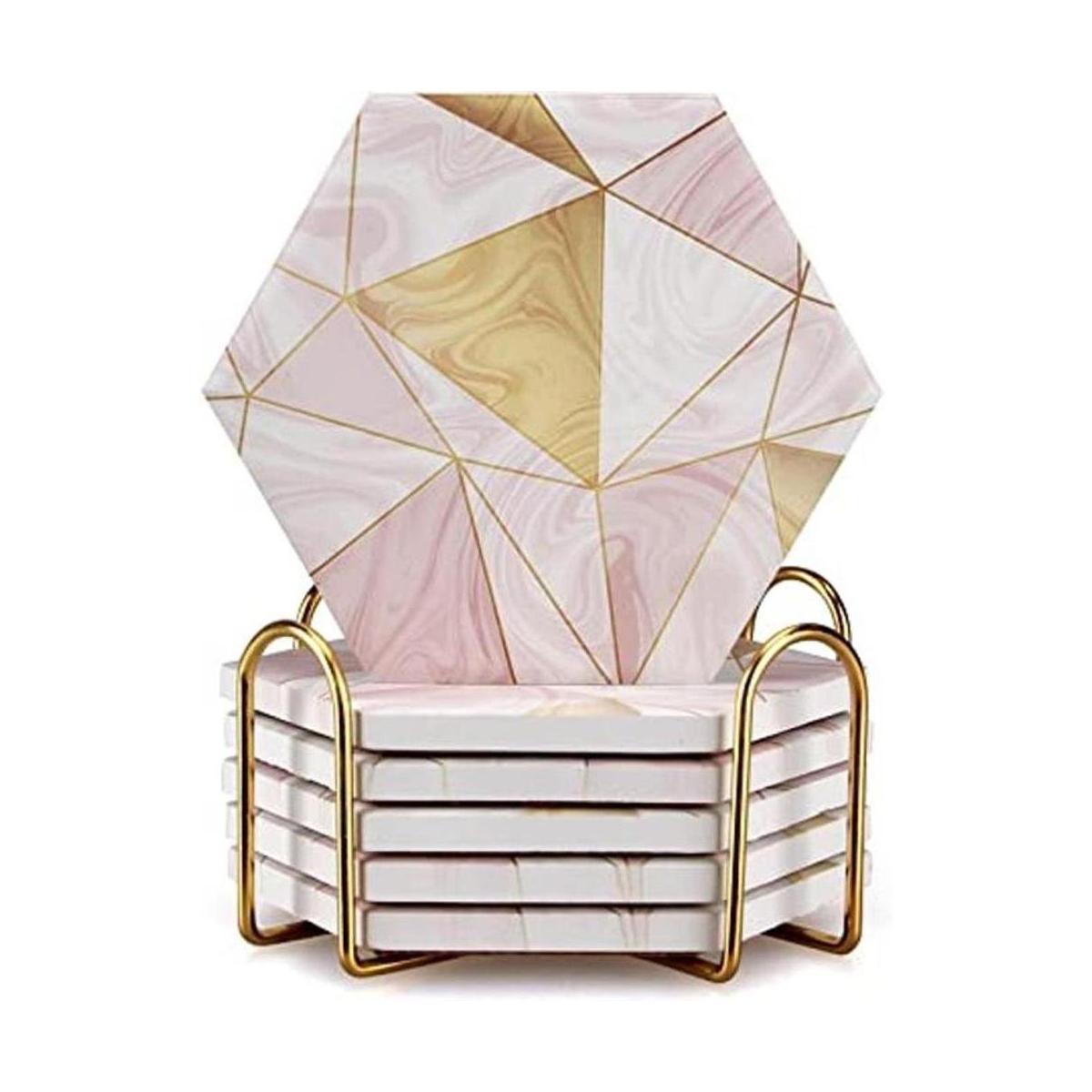 Juego de 6 posavasos de mármol rosa con soporte para