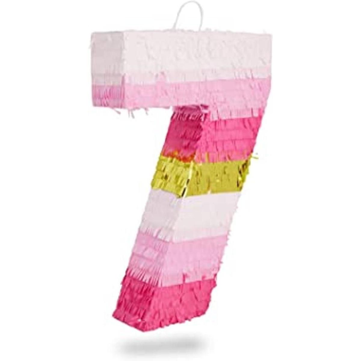 Piñata pequeña rosa y dorada número 7 para decoración de