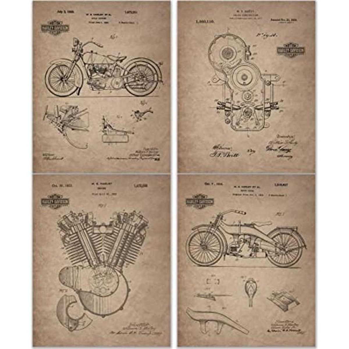 Harley Davidson Patent Prints Juego de 4 8 pulgadas por