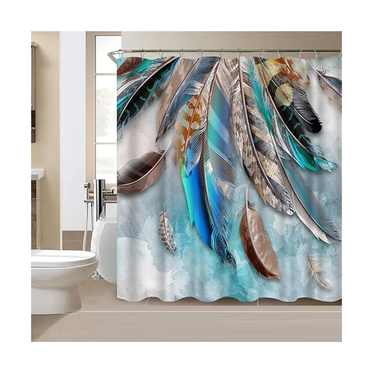 Artmyharbor Cortina de ducha de plumas verde azul