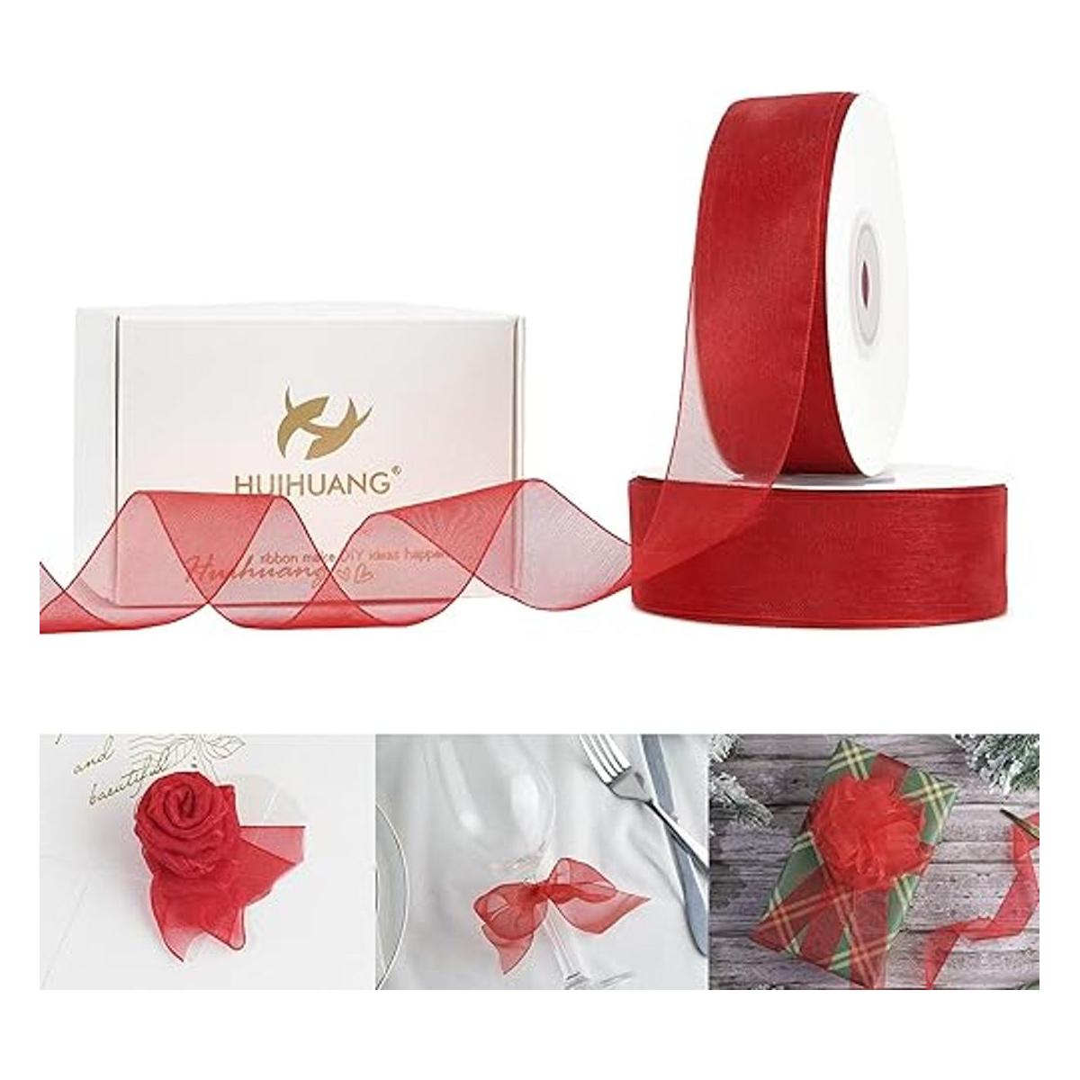 HUIHUANG Cinta de organza de 1 pulgada de color rojo