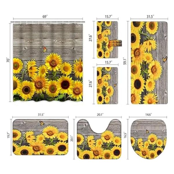 Juego de 7 cortinas de ducha de girasol con alfombras y