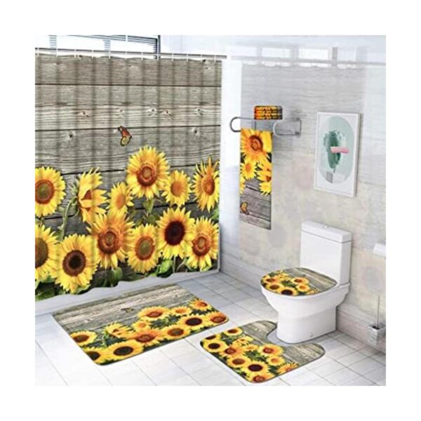 Juego de 7 cortinas de ducha de girasol con alfombras y