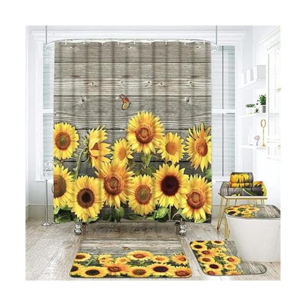 Juego de 7 cortinas de ducha de girasol con alfombras y