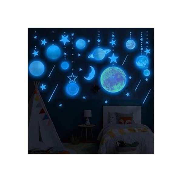 Calcomanías de pared con sistema solar azul que brillan en_1