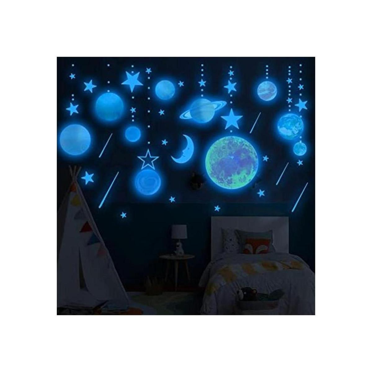Calcomanías de pared con sistema solar azul que brillan en