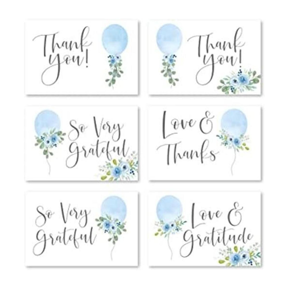24 tarjetas de agradecimiento con globos azules para baby