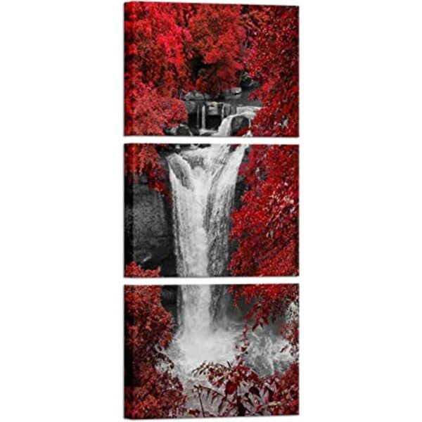 3 piezas de arte de pared árboles rojos bosque cascada_1