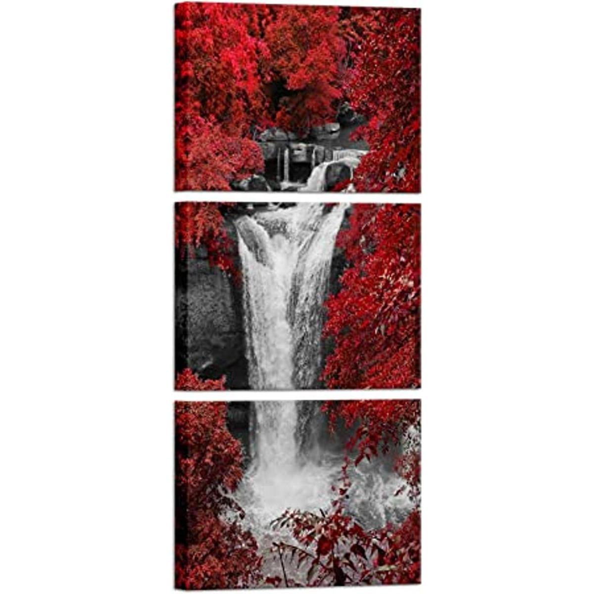 3 piezas de arte de pared árboles rojos bosque cascada
