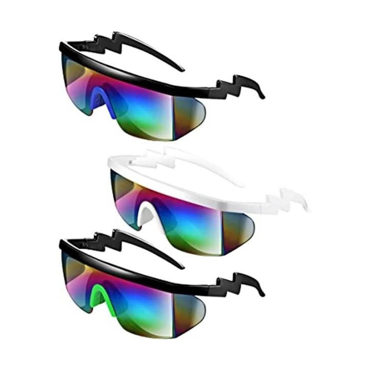 3 Pairs Neon Semi Rimless Goggle Sunglasses Rainbow Lens