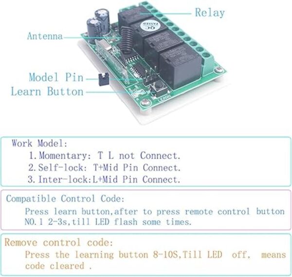 433 Mhz DC 12 V 4 canales inalámbrico RF interruptor de