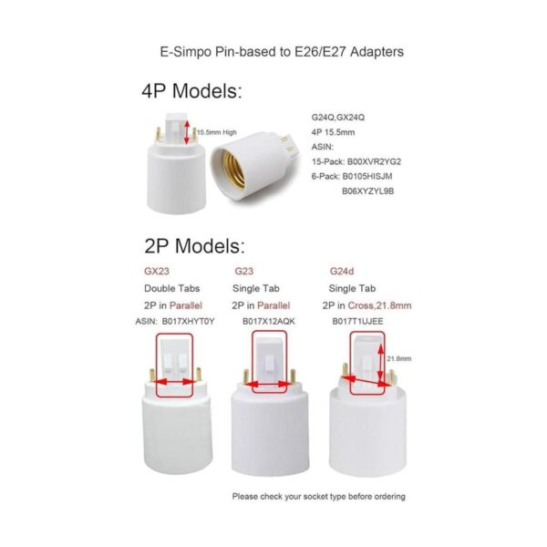 Adaptador ESimpo G24d a E26E27 2 pines CFL adaptador de