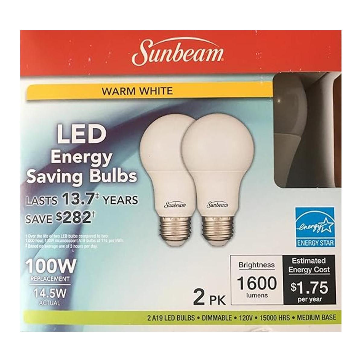 Sunbeam 100 W LED regulable A19 A21 luz 2 paquetes