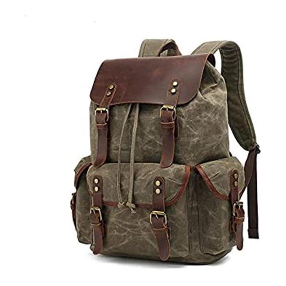 Mochila encerada de lona de cuero genuino bolsa de viaje