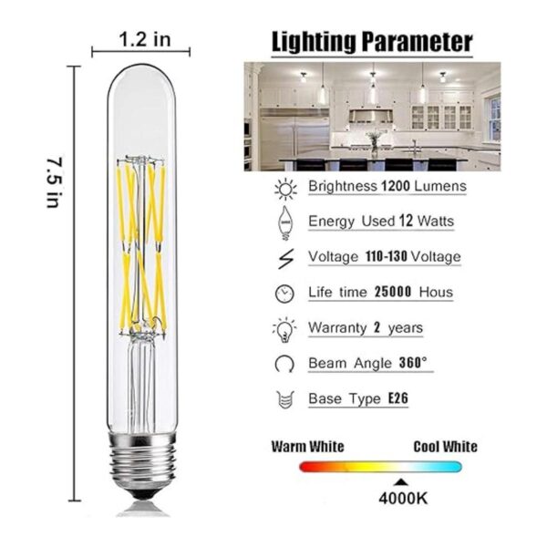 LEOOLS Bombilla tubular LED Edison regulable de 12 W