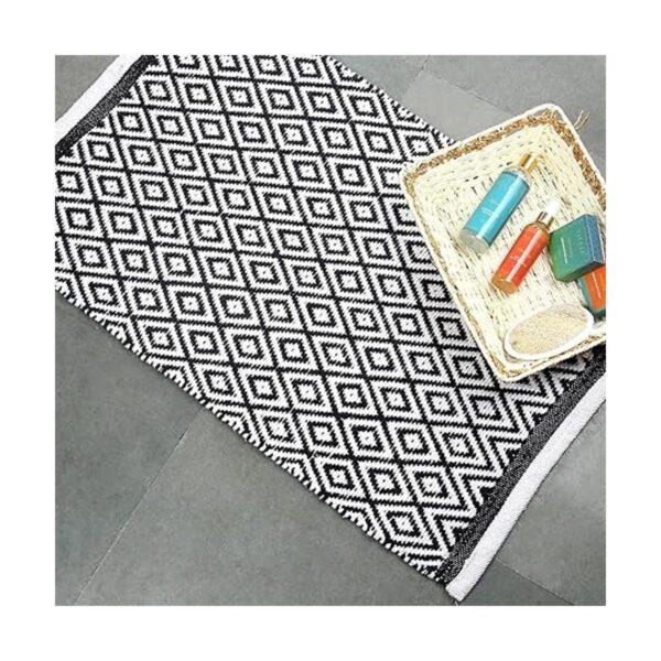 Alfombra pequeña de algodón blanco y negro para puerta de