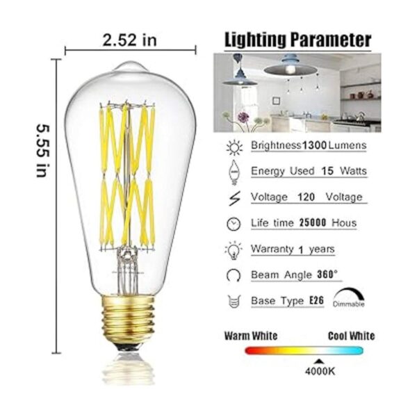 LEOOLS Bombillas LED Edison de 15 W LED de filamento ST64