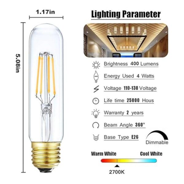 LEOOLS Bombilla de tubo LED de vidrio regulable Edison T10_2