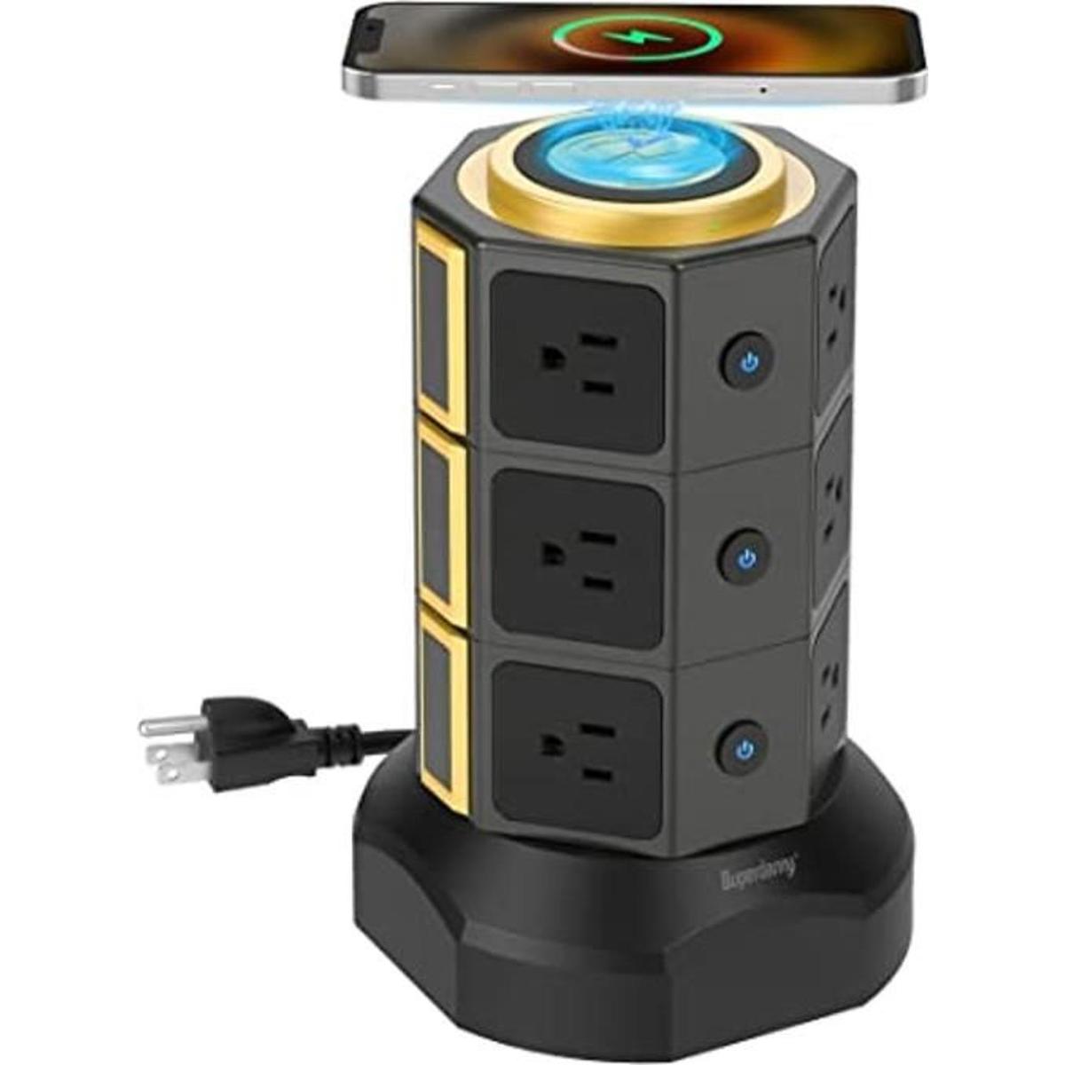 SUPERDANNY Power Strip Torre con cargador inalámbrico de 10W