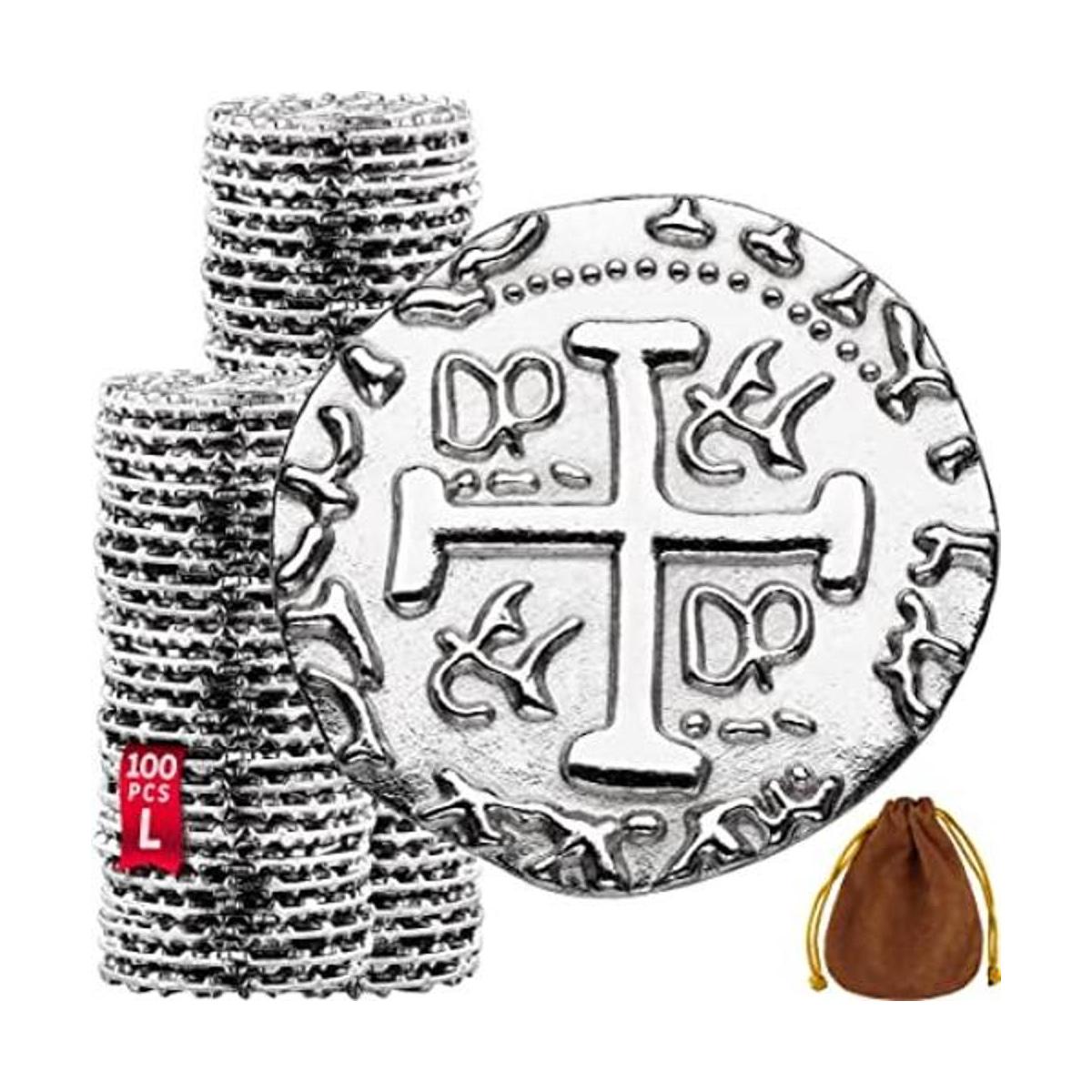 Monedas piratas de metal 100 monedas de tesoro de plata