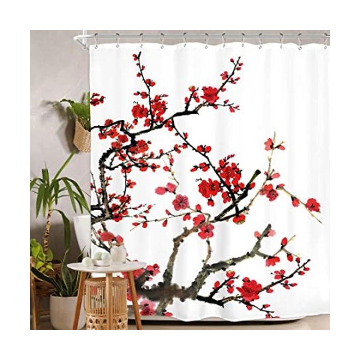 Homewelle Cortina de ducha floral roja para baño 60