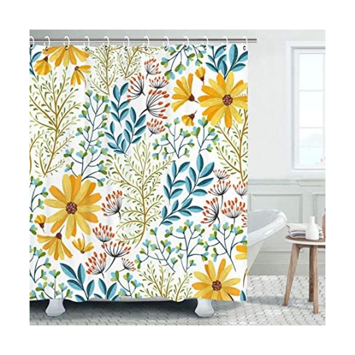 LIVILAN Floral Shower Curtain Yellow Floral Shower