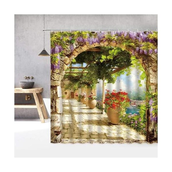 Cortina de ducha mediterránea impresa con paisaje floral