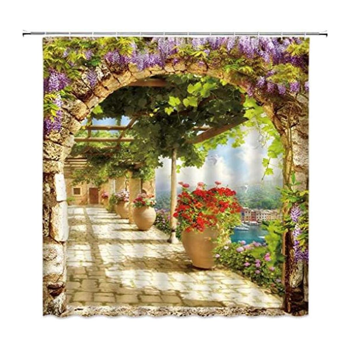 Cortina de ducha mediterránea impresa con paisaje floral