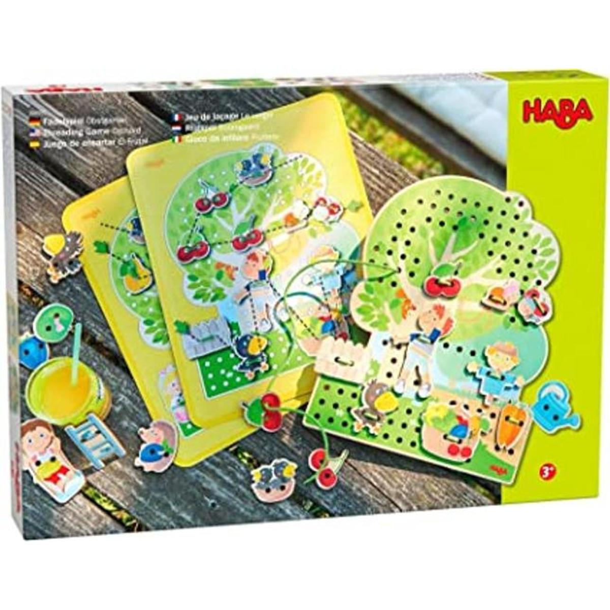 HABA Juego de roscado Orchard con 31 azulejos de cordones