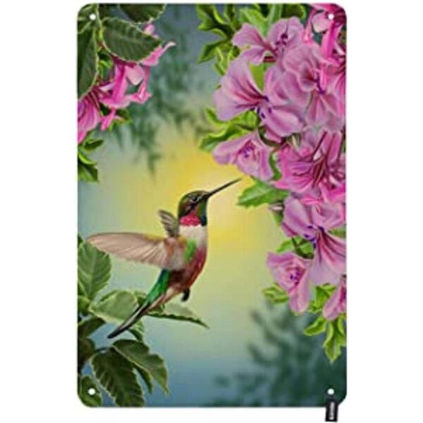 HOSNYE Letrero de estaño de colibrí con diseño floral con_1