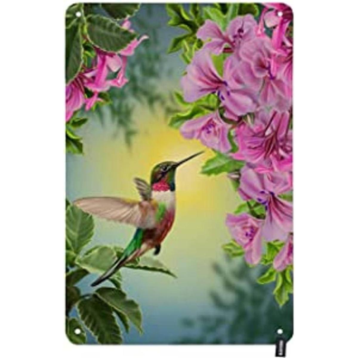 HOSNYE Letrero de estaño de colibrí con diseño floral con