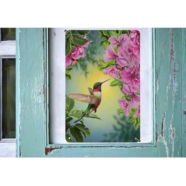 HOSNYE Letrero de estaño de colibrí con diseño floral con_3
