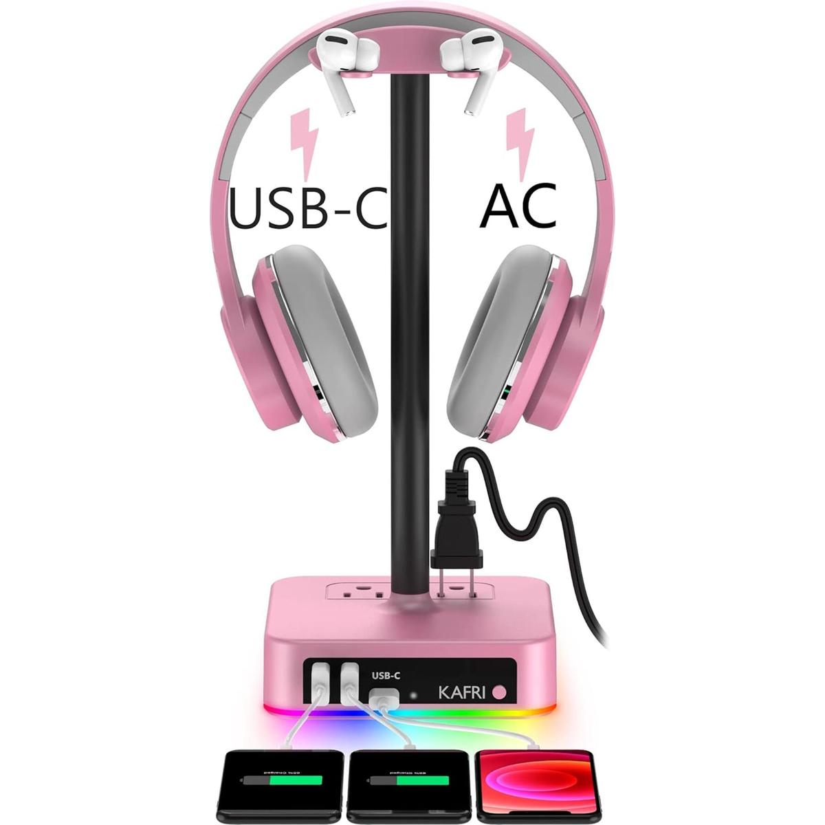 KAFRI Soporte para auriculares RGB con cargador USB