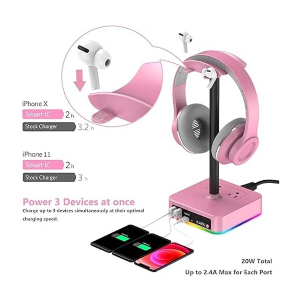 KAFRI Soporte para auriculares RGB con cargador USB