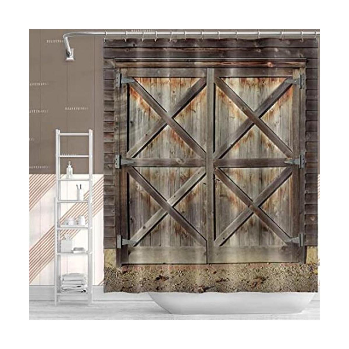 Renaiss Cortina de ducha con puerta de granero de madera