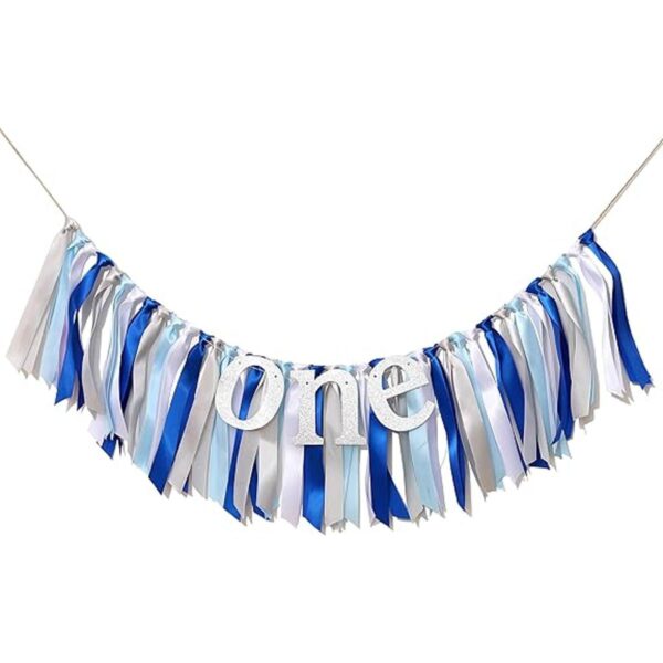 Pancarta para silla alta color azul blanco y plateado_1