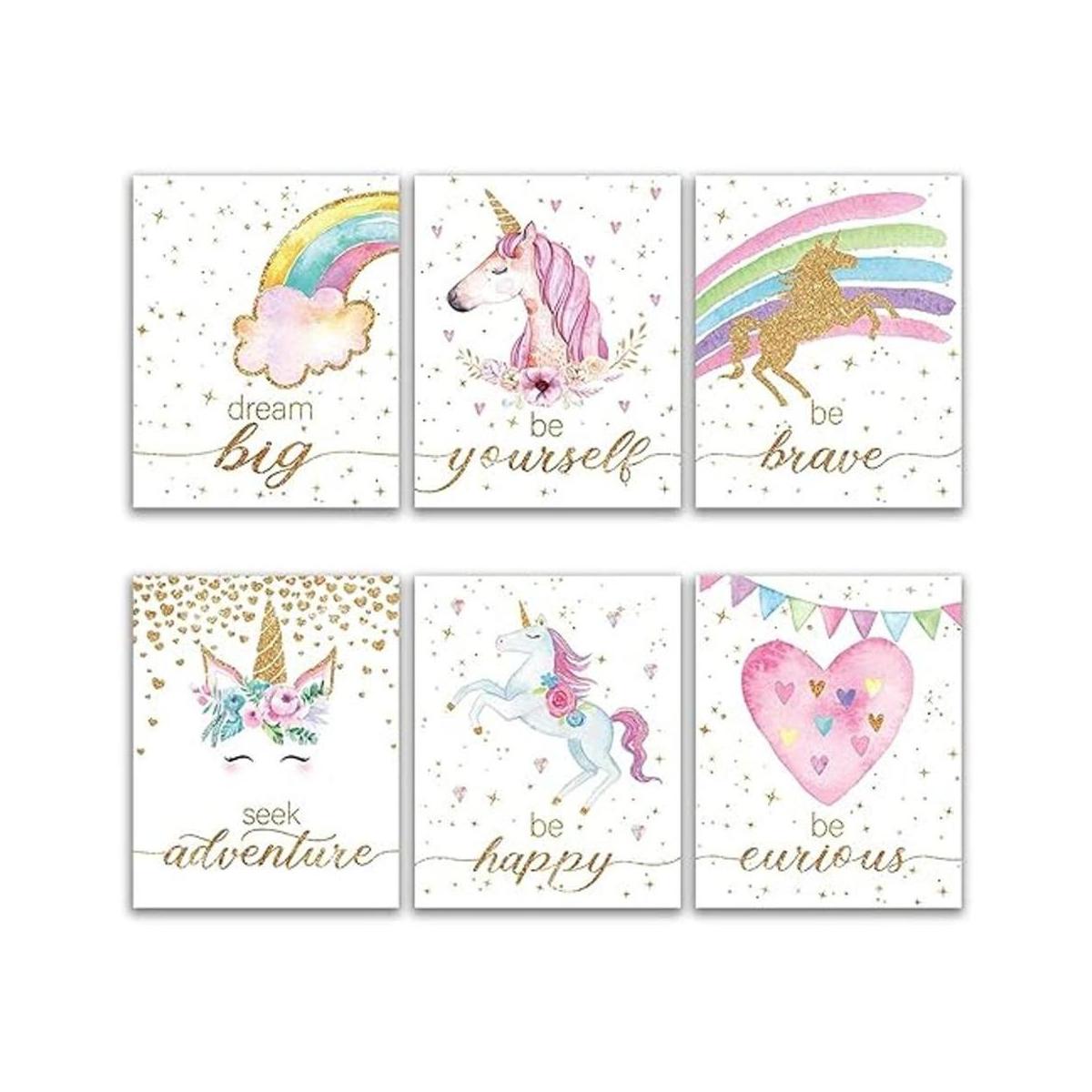 Juego de 6 carteles inspiradores de acuarela de unicornio